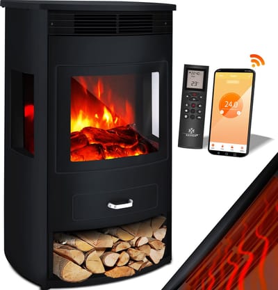 KESSER® Sfeerhaard Elektrische Haard met Ventilatorkachel & Afstandsbediening WiFi App 950/1900 W LED Vlam Effect Elektrische Verwarming met Thermostaat Panorama Kijkvenster Verwarmingsfunctie Timer - Extra groot, Zwart