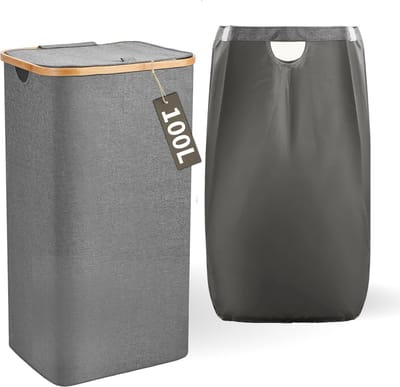 Wasmand met Deksel en Waszak - 100L - Groot Formaat - Wasmand - Opvouwbaar - Opbergmand - Linnen - Grijs