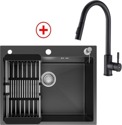 CECIPA max Spoelbak voor keuken 60x49CM - Met keukenkraan met uittrekbare uitloop - Inbouwspoelbak - Gootsteen Antraciet - Spoelbak Met Kraangat - Spoelbak Met Zeepdispenser - Verstelbaar Mandje