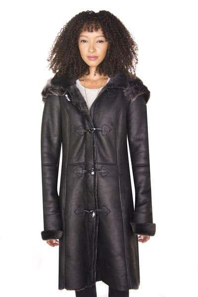 Dames zwarte schapenvacht duffelcoat met capuchon-Ottawa