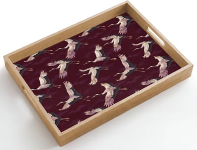 Dienblad hout 50x35 cm - Schootdienblad - Kraanvogels - Klassiek - Bordeaux - Borrelplank rechthoek - Plateau dienbladen