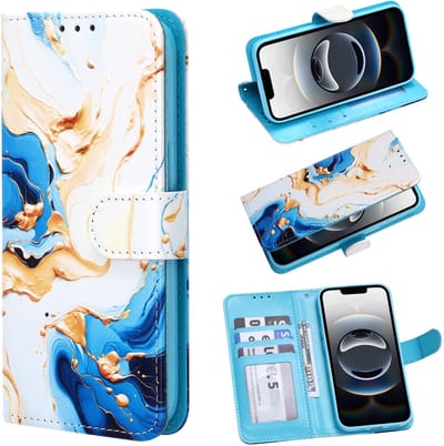 Casemania Hoesje Geschikt voor Apple iPhone 16e - Geel en Blauwe Marmer Print - Portemonnee Bookcase met Pasjeshouder en Standaardfunctie - Wallet case met Ingebouwde Kaarthouders