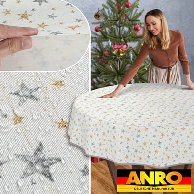 ANRO Tafelkleed Kerststerren Meerkleurig Rond Ø100cm Met sierband Afwasbaar Waterafstotend