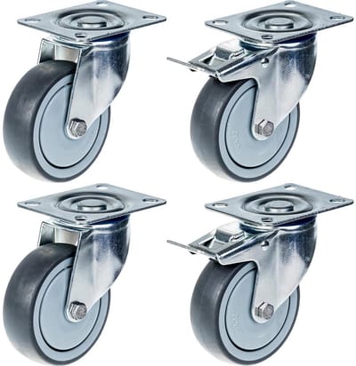 100 mm (4") zwenkwiel met grijze rubberen band, zwenkbaar en met rem, draagvermogen 440 kg, set van 4