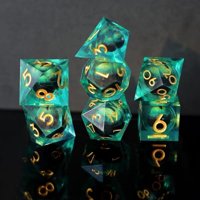 Thijox - DND dobbelstenen set drijvende groene leerling drakenoog hars scherpe rand 7 stuk handgemaakte D&D dobbelstenen voor veelvlakkige RPG en TTRP