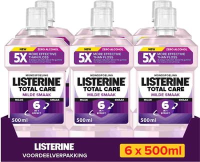 LISTERINE Total Care Extra Mild Alcoholvrij, zonder alcohol, extra milde muntsmaak, 6x500 ml