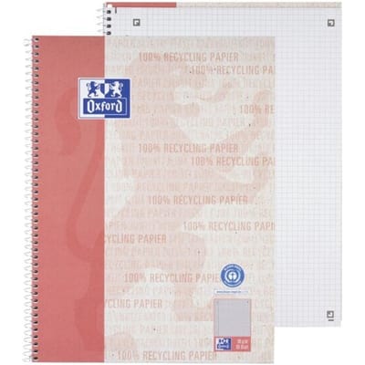 Oxford notitieboek recycling, 80 vel, DIN A4+, 90 g/m², 4-gaats perforatie, spiraalbinding, OPTIK PAPER®, vierkant, linkermarge, rood