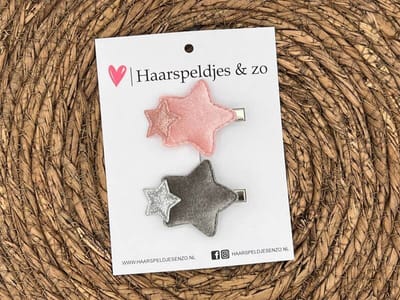 Haarspeldje ‘Stars’ - mix combi op alligatorclip (groot) - ster - sterretje - glitters en velvet - rood - roze - grijs - zilver - kerst – feestdagen