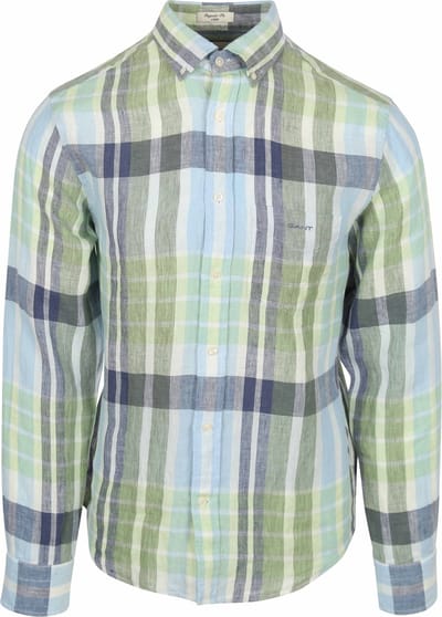 Gant Overhemd Linnen Ruiten Blauw Groen - Maat M - Heren - Overhemden Casual