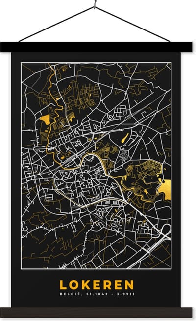 Posterhanger incl. Poster 40x60 cm - Schoolplaat - Goud - Stadskaart - Plattegrond - Lokeren - Kaart - Textielposter - Zwarte latten - Stadskaart