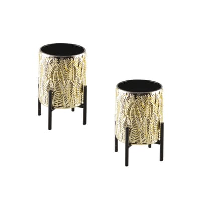 AULICA - Set Kandelaar bladeren op voet- GOUD/ZWART - 9,5x9.5x12.5cm - set 2 stuks