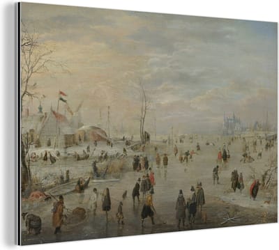 Aluminium schilderij 180x120 cm - Wanddecoratie metaal - IJsvermaak - Schilderij van Hendrik Avercamp - Metalen muurdecoratie woonkamer - Decoratie industrieel - Foto op dibond - Industriële accessoires slaapkamer