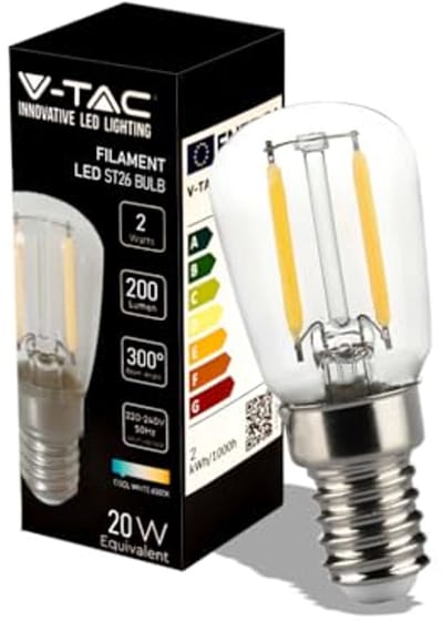 LED Filament Lamp for Refrigerator and Fixtures - E14 2W 200 Lumen - Energy Efficient T26 LED Bulbs - Cool White Light 6500K