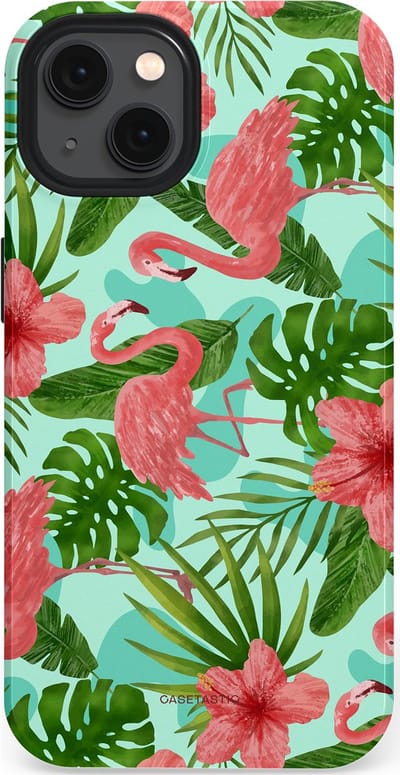 Casetastic hoesje geschikt voor Apple iPhone 13 - MagSafe - Dubbellaagse bescherming - Flamingo jungle - Fashion Case - Mintgroen Koraal