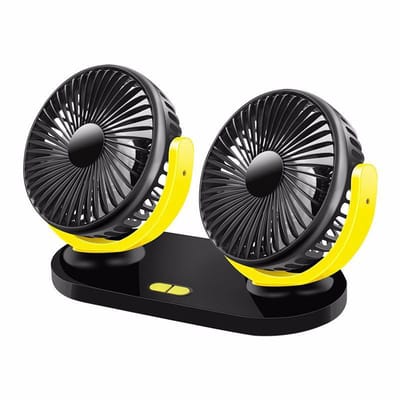 USB autoventilator - dubbele kop, 3 snelheden, 360° verstelbaar, voor auto camper truck en achterbank - Zwart-Geel