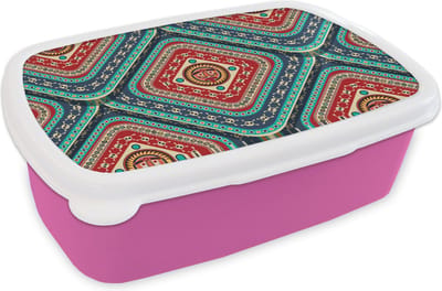 Broodtrommel Roze - Lunchbox - Brooddoos - Azteken - Patronen - Schedel - 18x12x6 cm - Kinderen - Meisje