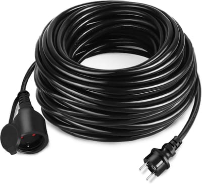 30 m zwarte verlengkabel, stroomverlengkabel, eurostekker, Schuko stekker, verlenging 220-230 V, 16 A met beschermkap, outdoor IP44, bouwplaatkabel, geaarde stekker