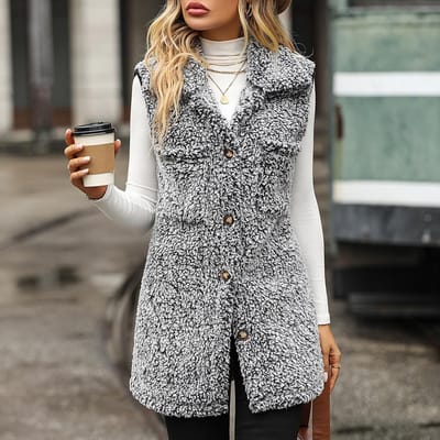 Dames Herfst en Winter Revers Mouwloos Lang Losse Casual Vervaagd Bubble Velvet Vesten 2XL