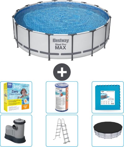 Bestway Rond Steel Pro MAX Zwembad - 488 x 122 cm - Grijs - Inclusief Pomp - Ladder - Afdekzeil Onderhoudspakket - Filter - Vloertegels