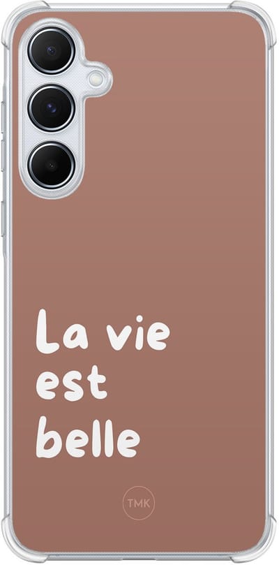 Shockproof hoesje geschikt voor Samsung Galaxy A55 - La vie est belle - Schokbestendig - Verhoogde randen - TPU case - Extra Sterke Back Cover - Tekst - Transparant, Bruin