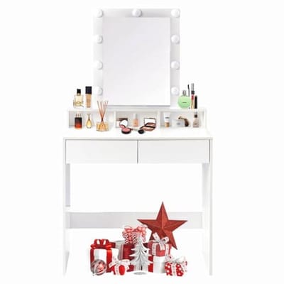Make-up tafel met Spiegel en LED Verlichting, Verstelbare Helderheid, Cosmeticatafel met 3 Open Compartimenten en 2 Lades, 85 x 40 x 142 cm, Wit