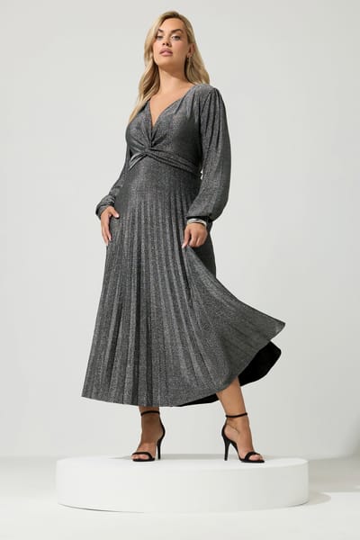 Yours London Zwarte Metallic Geplooide Maxijurk Met Knoop Size 42