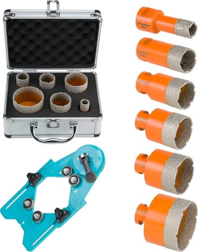 M14 Tegelborenset - 19, 28, 32, 45, 51 & 65mm Nat & Droog Borenset - Inclusief Boormal Enkele zuiger Diamantboor - Gelagerde Boorgeleider - SPERO