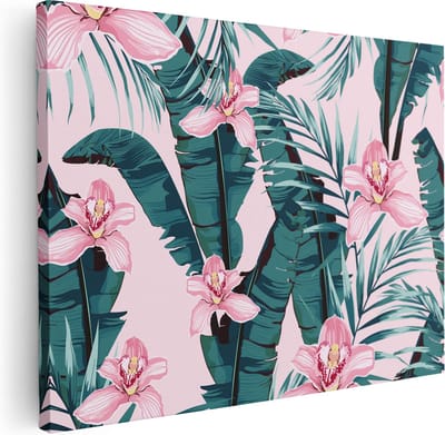 Artaza Canvas Schilderij Tropische Bladeren - 40x30 cm - Klein - Wanddecoratie Bloemen - Muurdecoratie Botanisch - Kamer Accessoires Roze