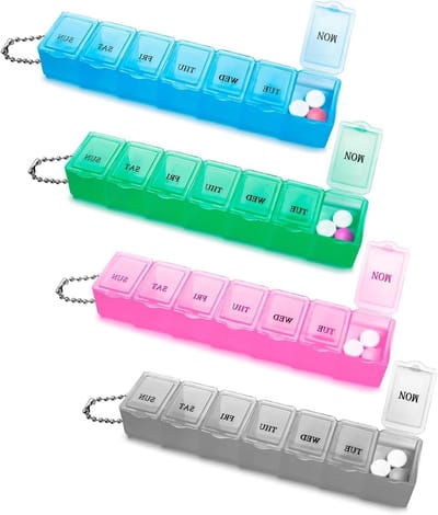 4 Stuks Tabletbox voor 7 Dagen, 7 Compartimenten Medicijn Organizer, Makkelijk te Openen Regenboog Pillendoos