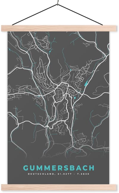 Posterhanger incl. Poster 40x60 cm - Schoolplaat - Gummersbach – Stadskaart – Blauw – Plattegrond – Stadskaart – Kaart - Duitsland - Textielposter - Blanke latten - Stadskaart