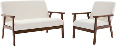 sweeek - Tweezits bankje en fauteuil met walnootkleurig hout en bouclé zitting - isak