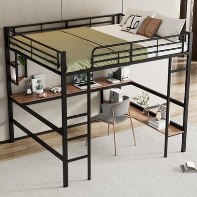 STILVORA Hoogslaper 140x200 cm – Met Bureau & Groot Boekenrek – Voor Kinderen, Jongeren En Studenten – Metaal – Zwart – Zonder matras