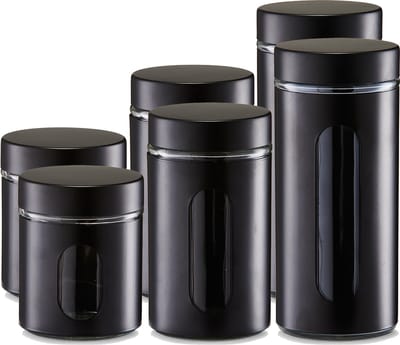Voorraadpotten/blikken met venster - 6x - zwart - 600 tot 1200 ml - metaal