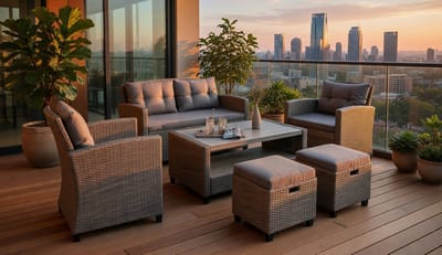 Rotan tuinmeubelset 6-delig loungeset voor 4–6 personen – 2-zits bank, fauteuils, krukken & tafel met opbergruimte – wicker balkonset met kussens & fleece deken – weerbestendige tuinset voor balkon, terras & tuin – Urbanhome