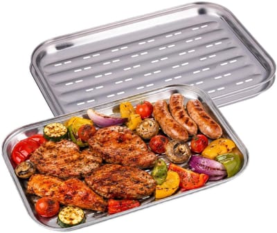 Alpina barbecue grillschaal - 3x - herbruikbaar - 34 x 24 cm - RVS - BBQ rooster