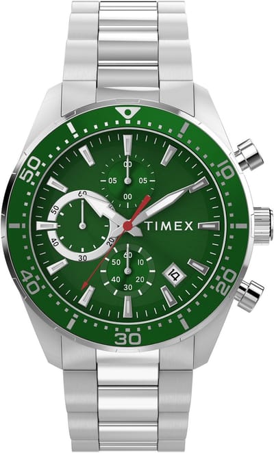 Timex Ridgefield Chronograph Quartz Chronograaf Horloge Zilverkleurig En Groen Kast Gemaakt Van 100% Roestvrij Staal En Een Armband Van 100% Roestvrij Staal 42 TW2Y56900AJ, TW2Y62100AJ