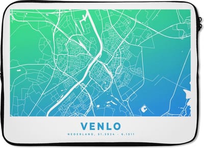 Laptophoes 14 inch - Stadskaart - Venlo - Nederland - Blauw - Laptop sleeve - Binnenmaat 33x23 cm - Zwarte achterkant