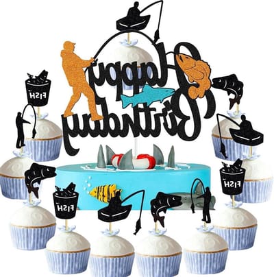 Taartdecoratie 13 stuks - Vissers Happy Birthday taarttoppers - DIY versiering voor jongens verjaardag - ShopVlot