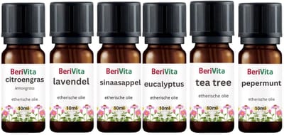 BeriVita Startset Etherische Olie 6x10ml Druppelflessen - Lavendelolie 10ml, Sinaasappelolie 10ml, Pepermuntolie 10ml, Eucalyptusolie 10ml, Citroengras Olie 10ml en Tea Tree Olie 10ml - Essentiële Olie Set Voordeelpakket