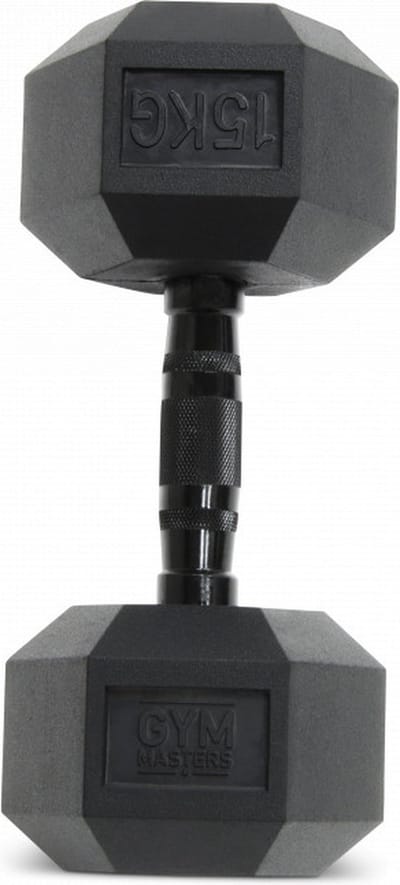 Gym Masters Dumbbell 15 kg – Hexagon Rubber Dumbbell – Zwart