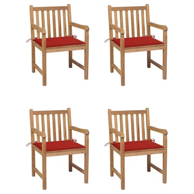 vidaXL - Tuinstoelen - 4 - st - met - rode - kussens - massief - teakhout