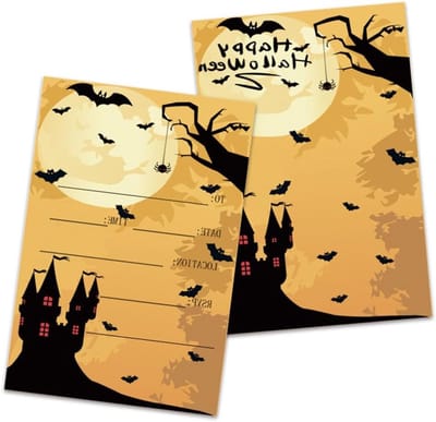 Spookachtige Halloween Uitnodigingen met Kasteel, Vleermuizen en Spin, Perfect voor Feestjes en Snoepjacht