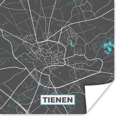 Poster België – Tienen – Stadskaart – Kaart – Blauw – Plattegrond - 100x100 cm XXL