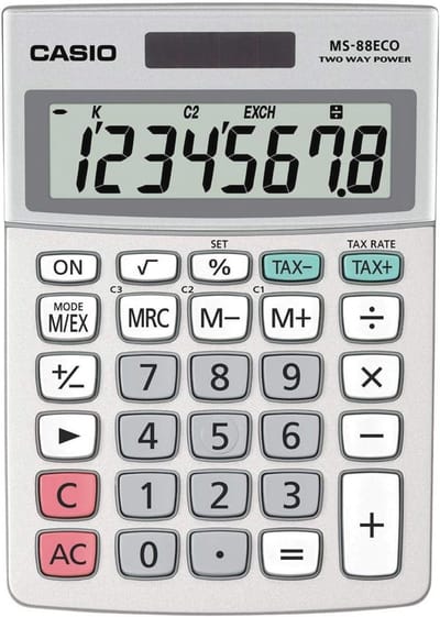 Tafelcalculator met 8 cijfers, Milieuvriendelijk, Valuta omrekening, Aluminium voorkant, Zonne-energie/Batterij