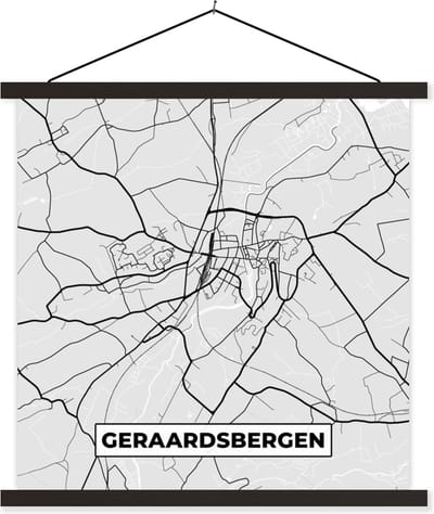 Posterhanger incl. Poster 60x60 cm - Schoolplaat - Stadskaart – Plattegrond – België – Zwart Wit – Geraardsbergen – Kaart - Textielposter - Zwarte latten - Stadskaart