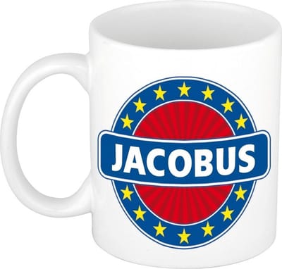 Bellatio Decorations - Jacobus voornaam - koffiemok - beker - wit/blauw - 300 ml - Cadeau - Heren - Collega - Vaderdag - Verjaardag
