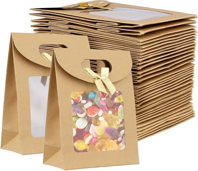 50 stuks kraftpapier geschenkzakken met doorzichtig venster, 16 x 12 x 6 cm, staande bruine zakken met handgrepen voor verjaardag, bruiloft en feestverpakkingen