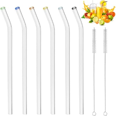 SnelShoppen - Set van 6 Handgemaakte Glazen Rietjes met Kleurrijke Tips, 21.5 cm x 10 mm, Ideaal voor Cocktails, Smoothies, Duurzaam en Milieuvriendel