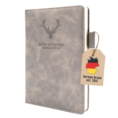 Intirilife Notitieboekje Gelinieerd A5 met motiverende quote Grijs - Notitieblok Kunstleer, Notebook Soft-Touch, Schrijfboek, Reisdagboek Bladwijzer, 360 pagina's, Hardcover, Pennenhouder, Vintage Design