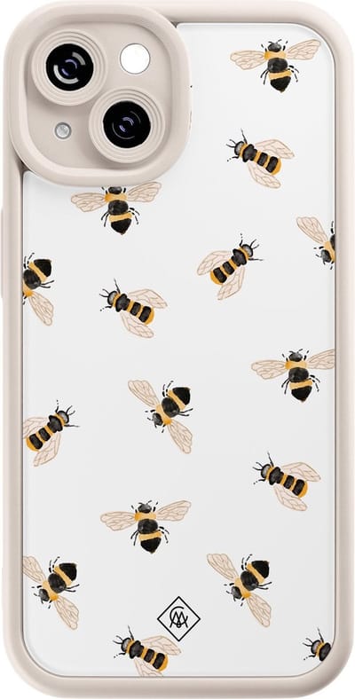 Casimoda® hoesje - Geschikt voor iPhone 14 - Bee Happy - Effen telefoonhoesje met lensbescherming - Siliconen/TPU - Backcover - Bruin/beige